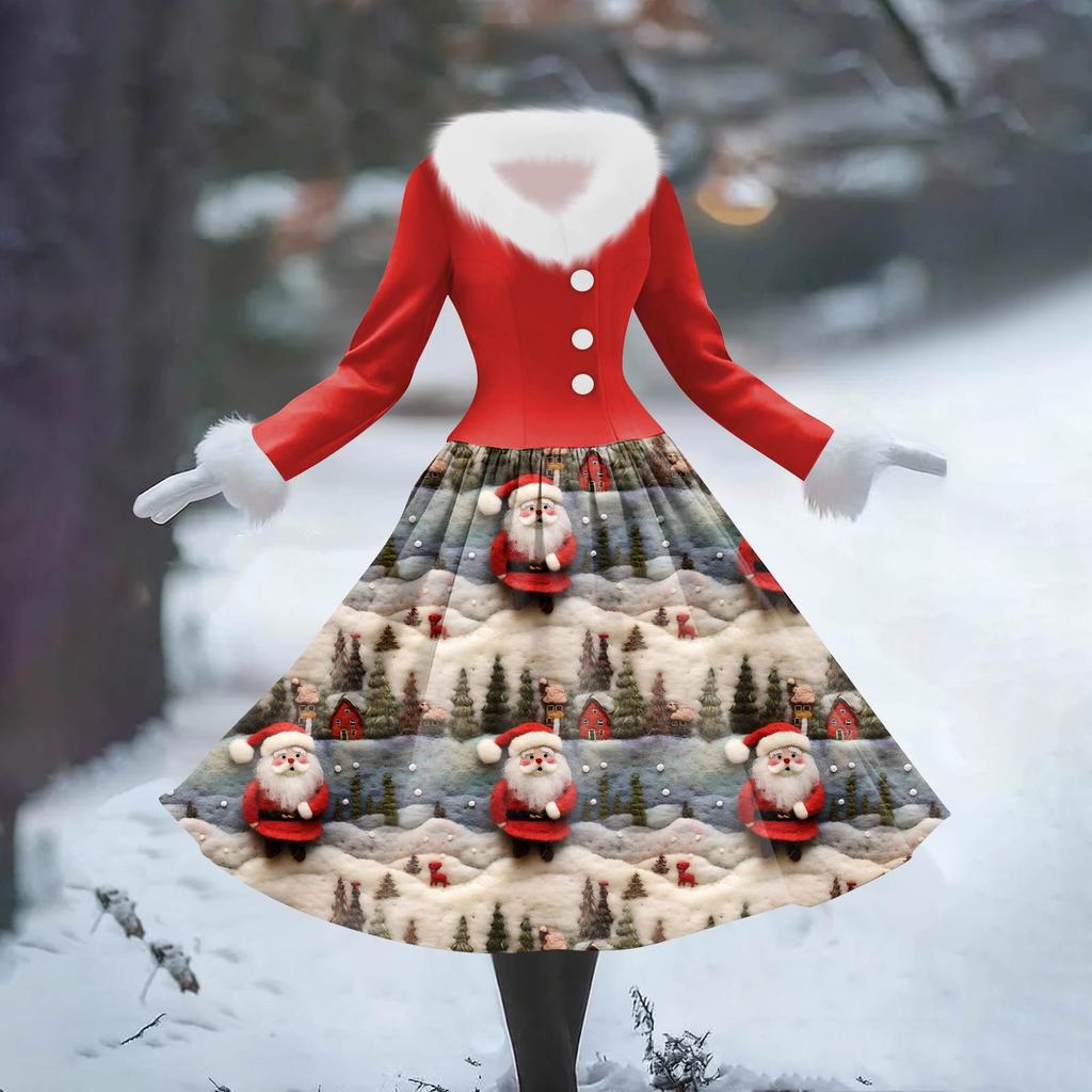 Женское повседневное платье с длинным рукавом, V-образным вырезом, лоскутным флисом и рождественским принтом