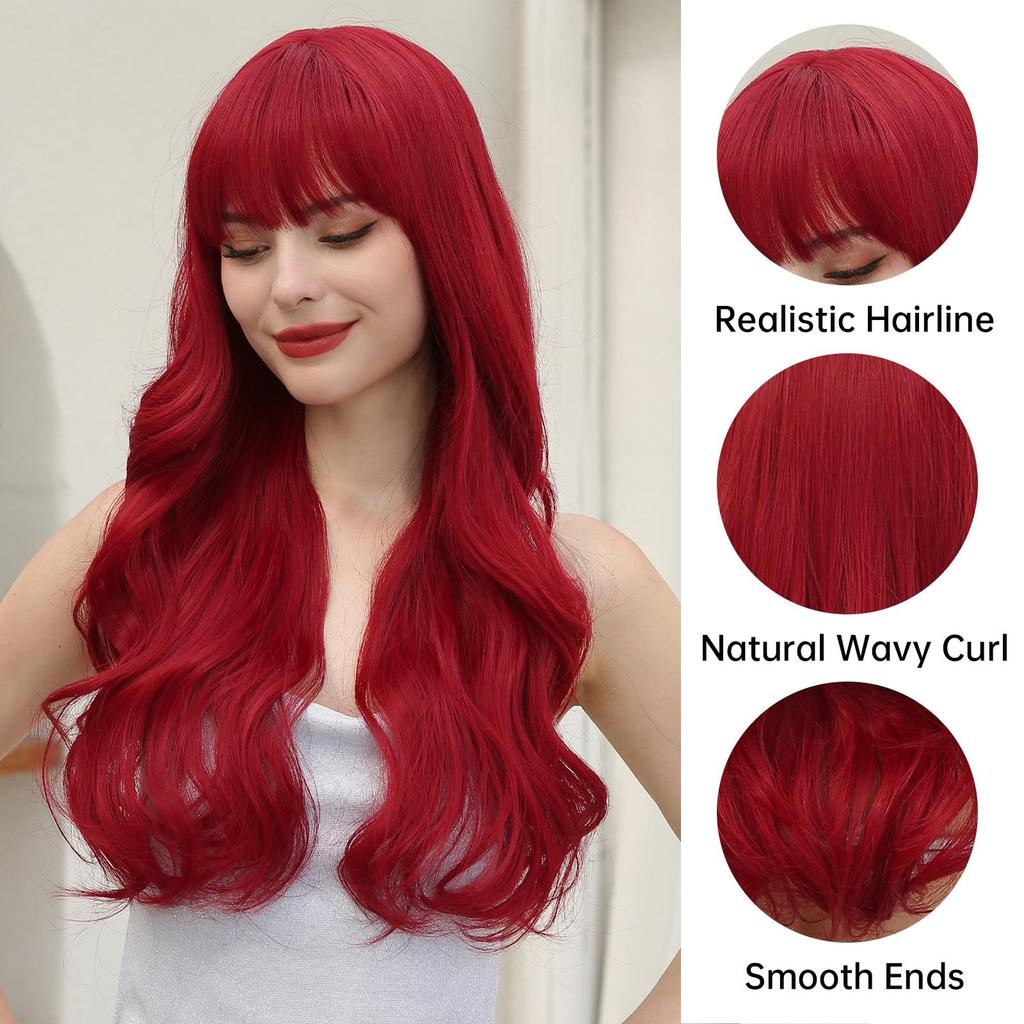 LOUIS FERRE, красный синтетический парик, длинный волнистый парик из натуральных волос с челкой для женщин, повседневные волосы, парик из термостойкого волокна