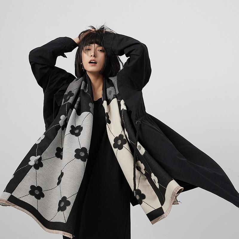 Imitation Cashmere Color Matching Lines Warm Scarf Flower Long Thickened Fringed Shawl Women'S Knitted Warm Scarf