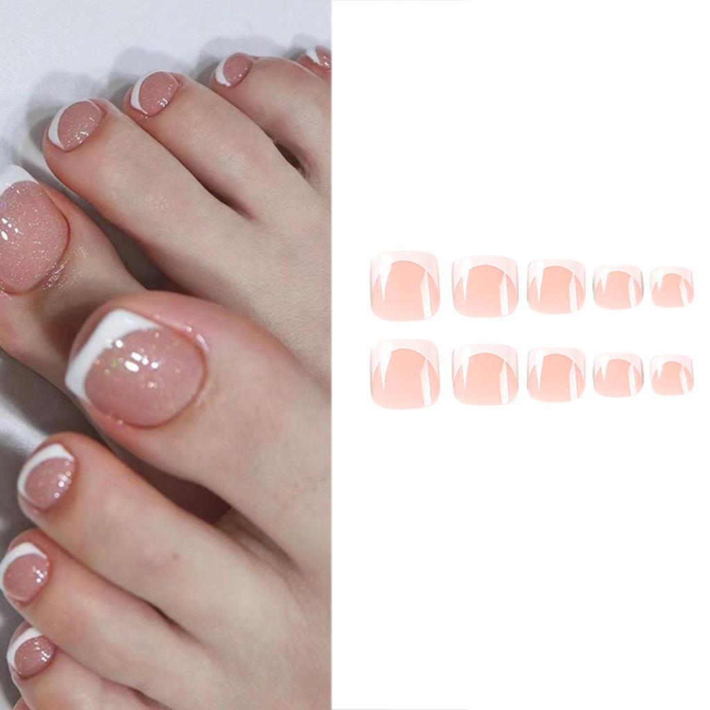 24Pcs Simple White French Artificial Toenails Shiny Rhinestones Toe False Nails Wearable Short Flat Shape Fake Toenails