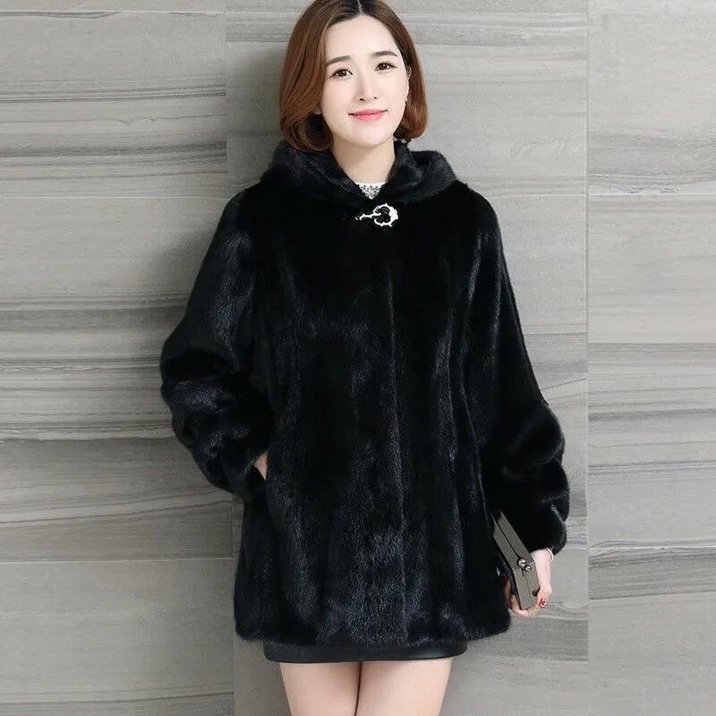 Winter All-match Warmth and Cotton Thick Imitation Mink Fur Coat Mink Fur Coat Women's Mid-length Hooded Waist Big Swing Fur Trench Coat