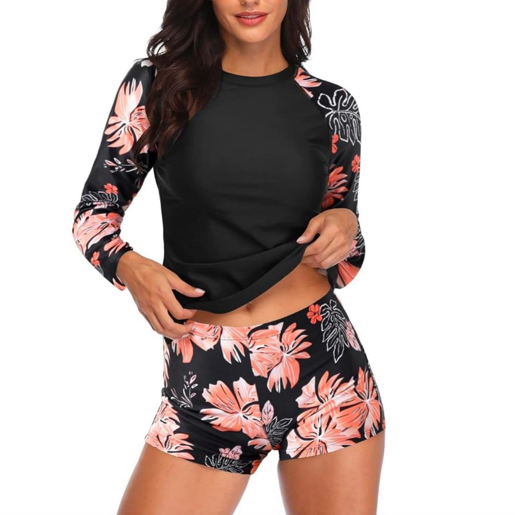 Женский купальник из двух частей с винтажным принтом, рубашка с длинным рукавом и шортами, топ для серфинга с ретро-принтом, рубашка для бега, раздельный купальник