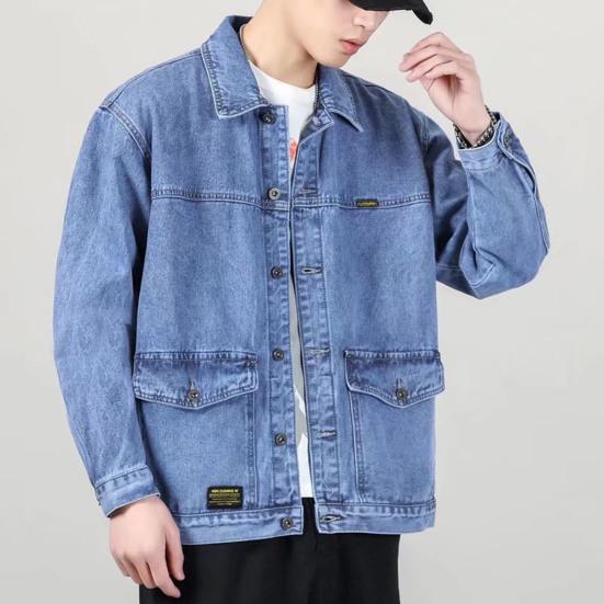Мужская джинсовая куртка с лацканами, длинный рукав, куртка, пальто с большими карманами, весна-осень, застежка на пуговицы, верхняя одежда карго