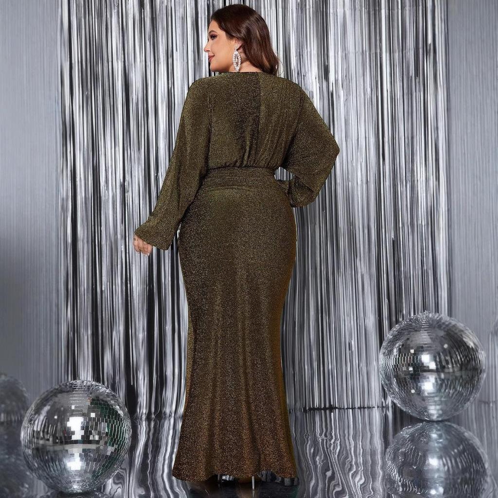 Вечернее платье с V-образным вырезом, блестящее, большого размера, фасона «рыбка», с длинными рукавами