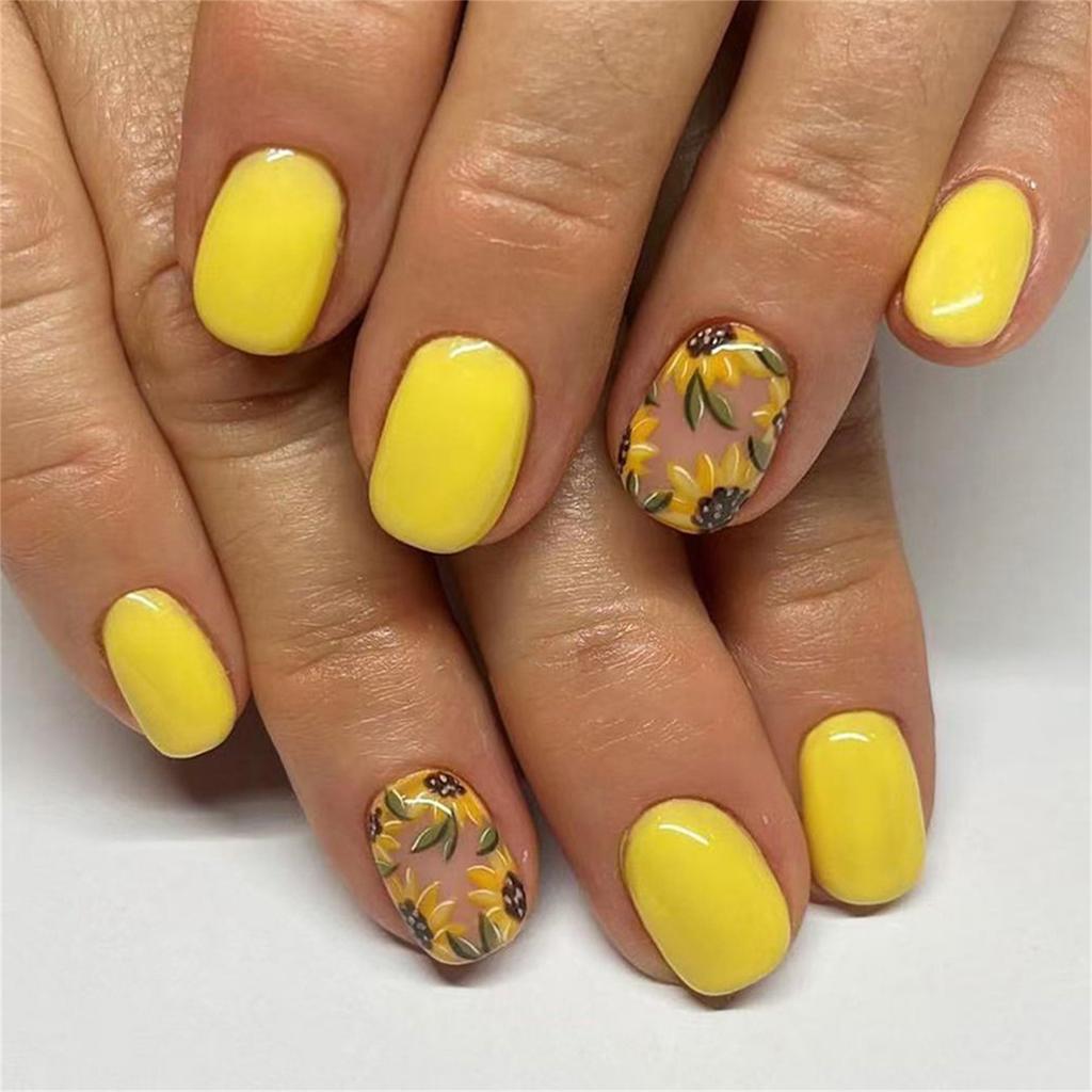 24 шт. Короткие квадратные накладные ногти с цветами, желтые акриловые глянцевые накладные ногти с полным покрытием для женщин
