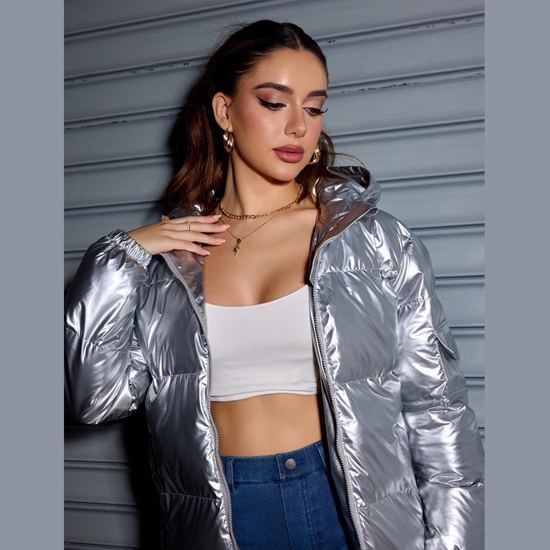 Зимняя модная блестящая куртка-пуховик с капюшоном для женщин с длинным рукавом, однотонная, облегающая, теплая, хлопковая куртка-парка