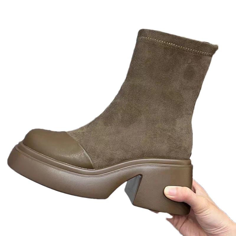 Платформа женские зимние ботильоны замшевые высокие каблуки дизайнерская обувь зимняя мода мотоциклетные ботинки 2024 тренд готические женские ботинки