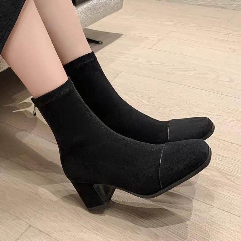 Fashion French Square Toe Stretch Suede Versatile High Heel Boots Plus Size Booties Women's Spring and Autumn Single Boots