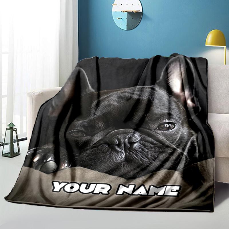 1PC Custom Name French Bulldog Portrait flannel blanket versatile,all-season throw suitable for the living room,bedroom,camping,travel,and gift