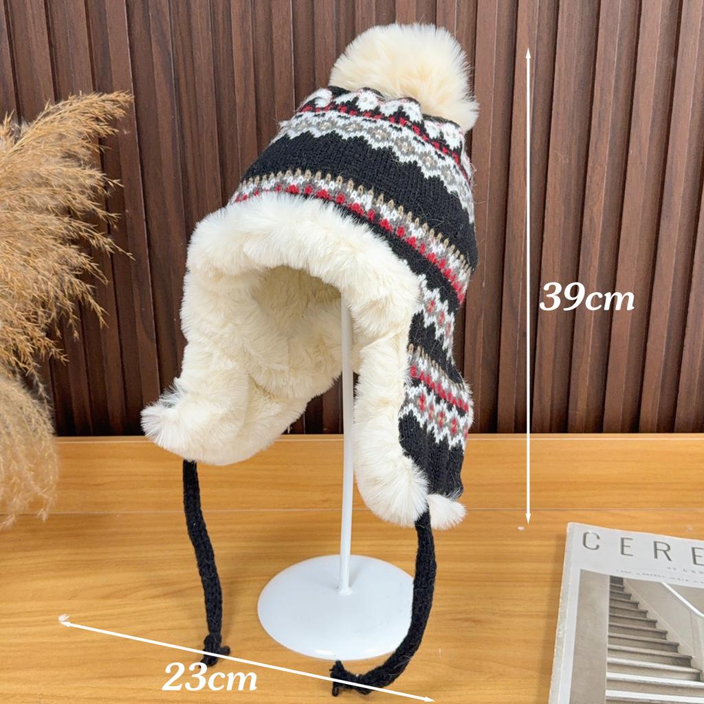 Thermal Ear Flap Hat for Women Winter Knitted Beanie with Fleece Lining Windproof Cold Weather Keep Warm Cap for Outdoor Sports