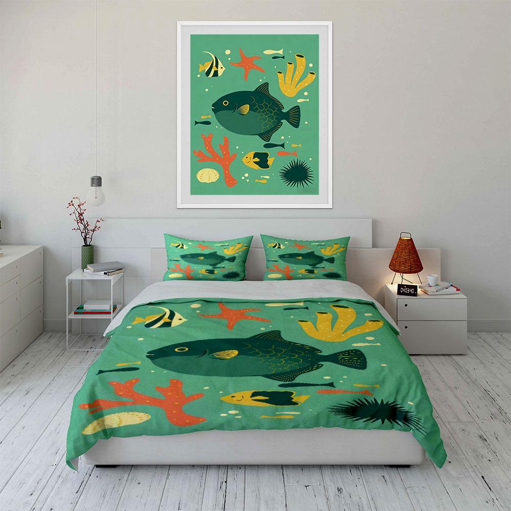 Fish, starfish, coral pattern. Bedding sets Duvet cover sets Duvet covers Pillowcases(1* Duvet Cover 2* Pillowcases without duvet insert)