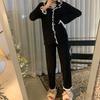 2 Pcs/Set Fall Winter Women Pajamas Suit Ruffle Turn-down Collar Single-brasted Long