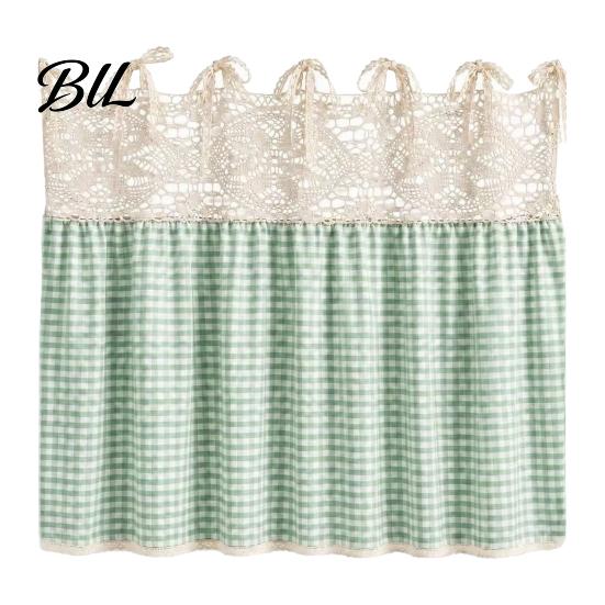 Decorative Fabric Oven Handle Wrap Farmhouse Stove Skirt, Plaid Crochet Lace Curtain, Easy Install Strap Shade Skirt Curtain with Ties for Cottage