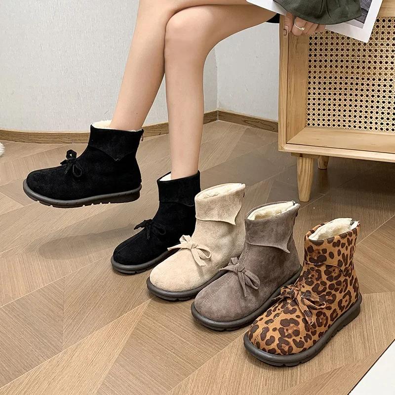 Ботильоны с леопардовым принтом, женская обувь, модные, сексуальные, меховые, замшевые, на плоской подошве, короткие, женские, большого размера 43, зимние сапоги с бантом