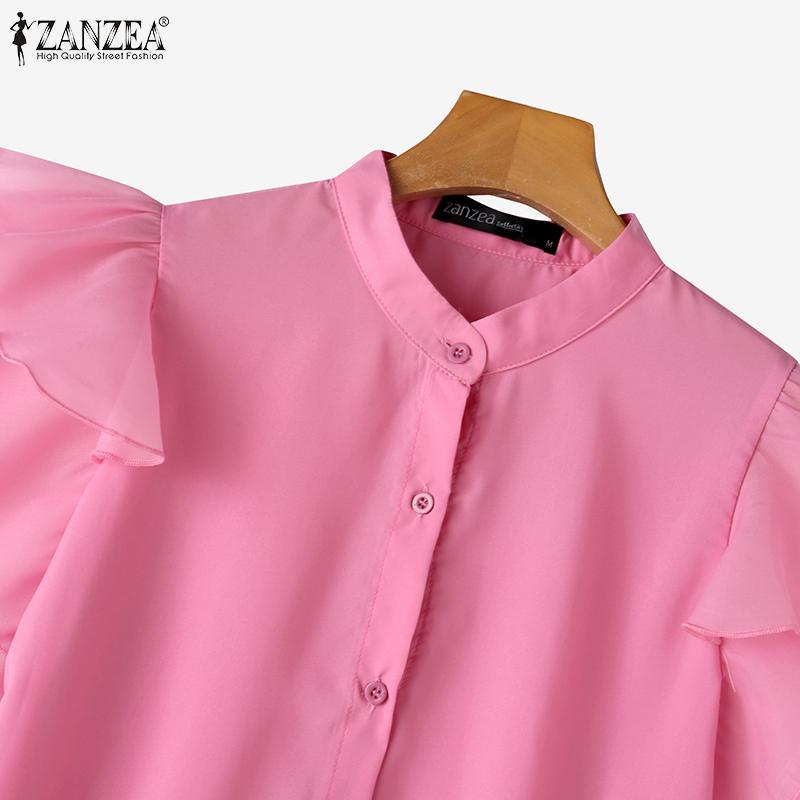 ZANZEA Женская модная свободная рубашка без рукавов с воротником-стойкой и рюшами