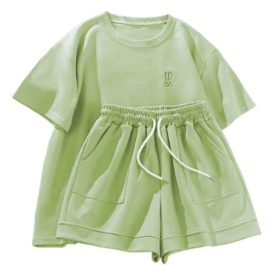 2 шт./компл., женская футболка, шорты, костюм с круглым вырезом, однотонный, с короткими рукавами, топ на шнурке, эластичная талия