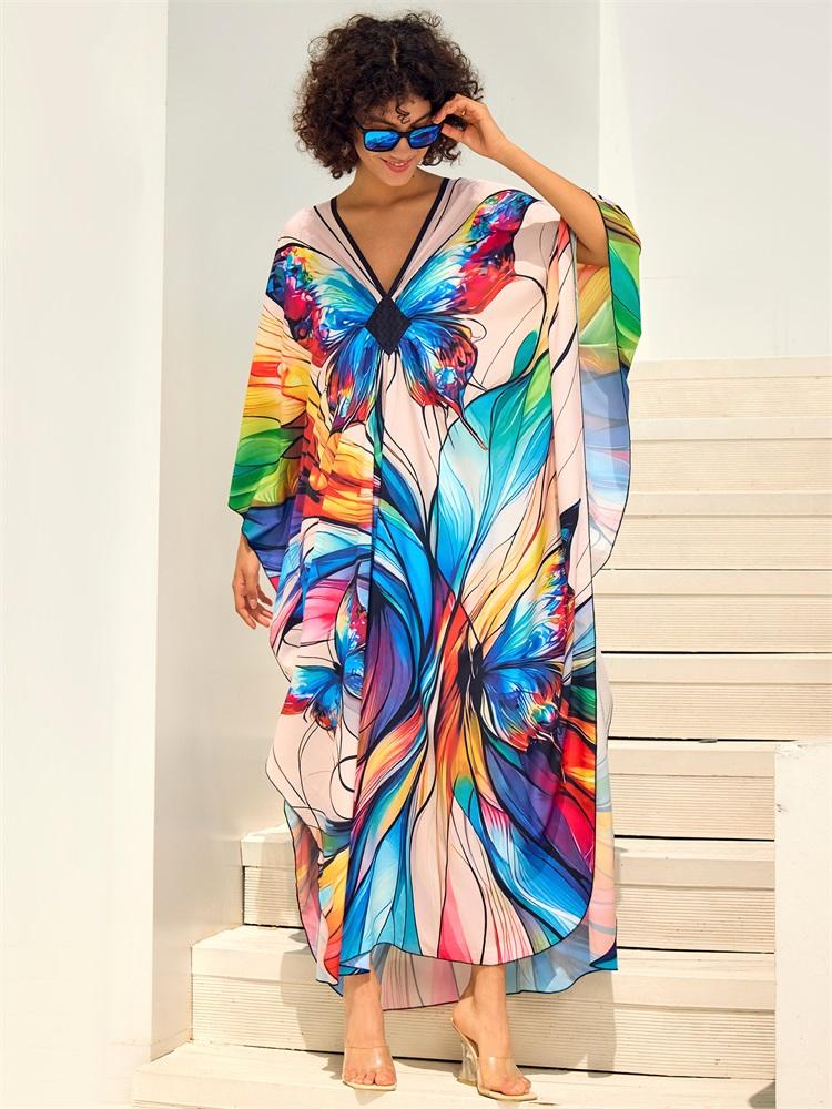 EDOLYNSA 2024 Fashion Butterfly Printed Plus Size Loose Kaftan Women's Bohemian Beach Dress Summer Swimsuit Cover-ups Casual House Robe Q1670
