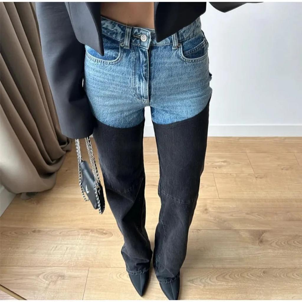 Patchwork Jeans for Women Straight High Waist Zipper Pockets ,Long Denim Pants ,Spring Lady Fashion High Street Trouser