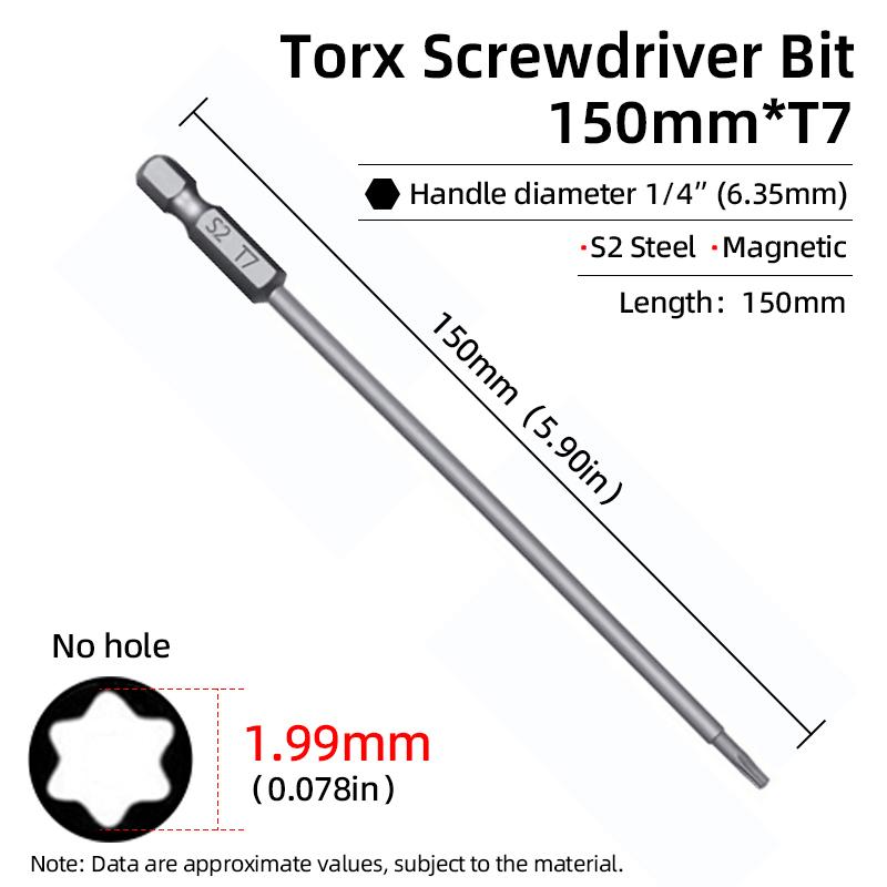 Magnetic Torx Screwdriver Bit 150mm T6-T40 1/4" Hex Shank Hollow Plum Blossom Hole Security Bits S2 Steel Electric Hand Tools