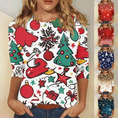 Женская мода, повседневная свободная футболка с рождественским принтом и круглым вырезом, рукав 3/4, женский топ