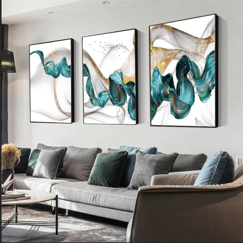 3PCS Frameless Abstract Blue Green Ribbon Canvas Painting Fashion Luxury Wall Art Poster Print Picture Home Living Room Decor