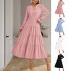 Spring Dress Pleated Patchwork Hem A-line Big Swing Midi Dress V Neck
