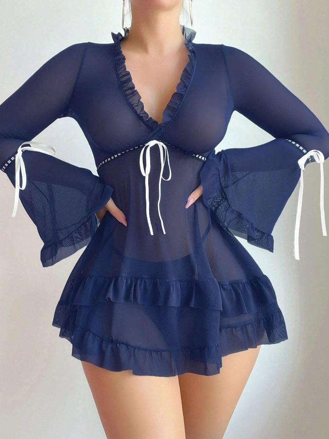 Europe and the United States new sexy mesh perspective pure desire Spice Girl long-sleeved erotic underwear set