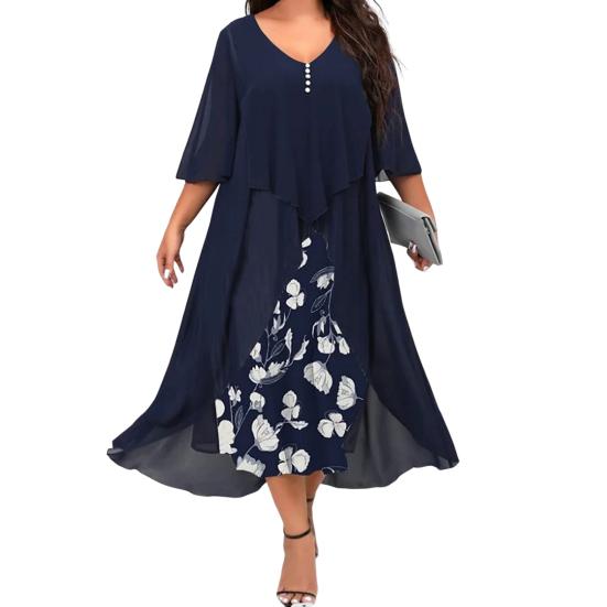 Midi Dress Swing Up Large Hem Trendy Floral Pattern Female Long for Work