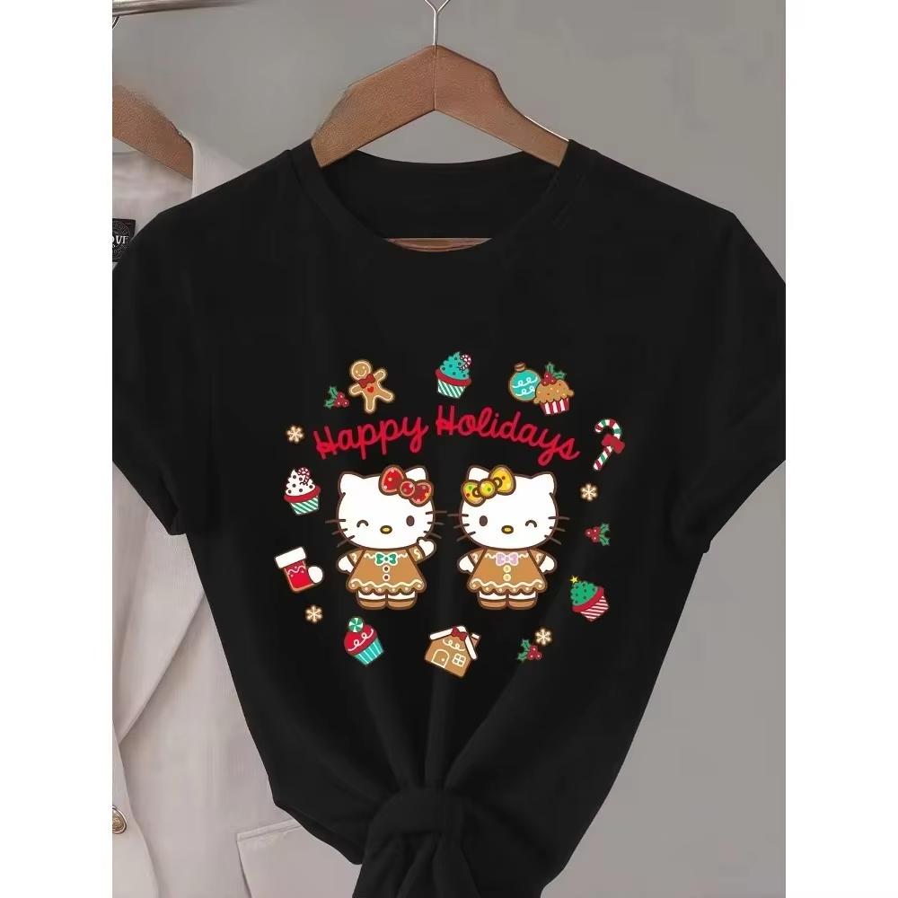 2026 Summer Hello Kitty Gingerbread Unisex Christmas Holiday 100 Cotton Printed Short Sleeve Tshirt BoyGirl Parentchild Top