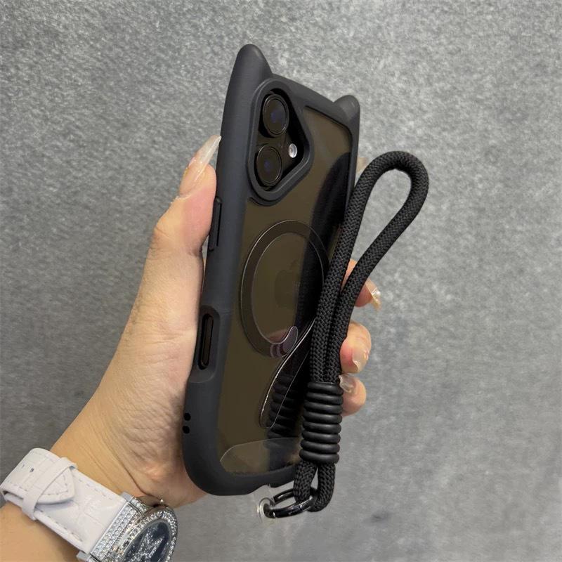 Прозрачный чехол для iPhone 16/16 Pro Max с розовыми кошачьими ушками и магнитным кошачьим хвостом
