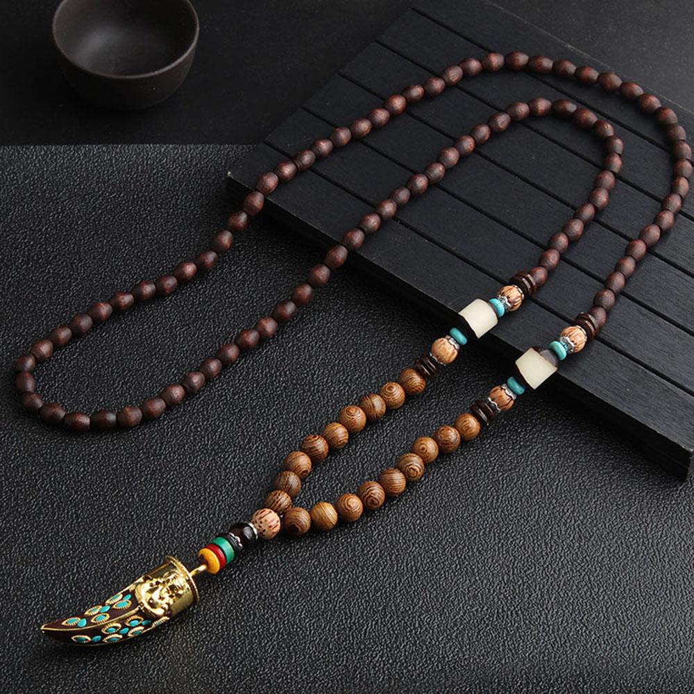 Men Handmade Nepal Horn Mala Buddhist Pendant Wood Beads Necklace Long Necklace