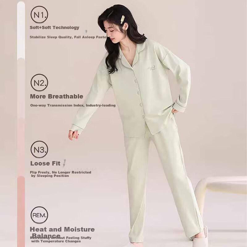 LangSha Women's Pajamas with Chest Pads, Spring And Summer Antibacterial 100% Cotton Lapel Cardigan Plus Size Loungewear Suitable for Outdoor Wear Set