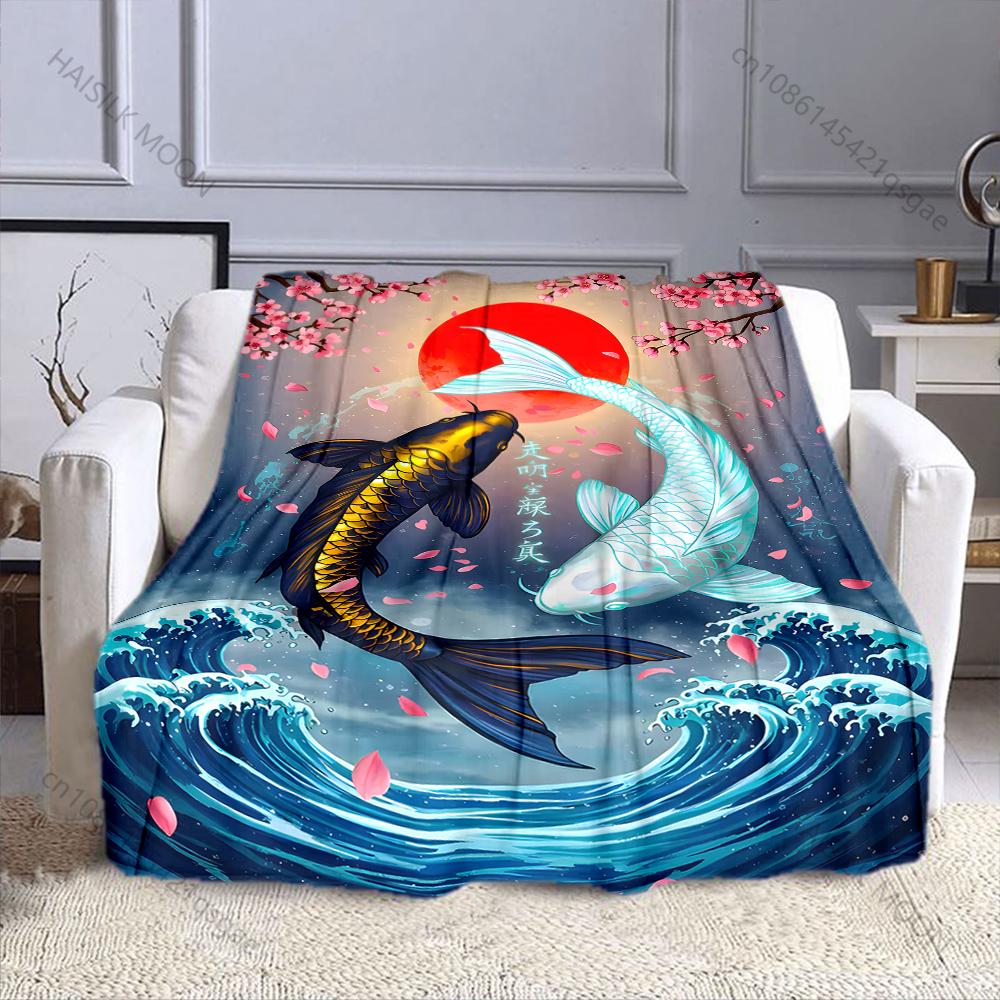 Multiple sizes Koi waves cherry blossoms Print Blanket Flannel Material Soft Warm for All Seasons Home Outdoor Camping Picnics