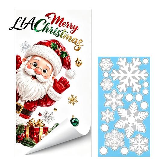 Easy Apply Holiday Window Film Christmas Static Clings, Santa Snowman PVC Stickers, Waterproof Snowflake Clings Glass Decals for Home Shop
