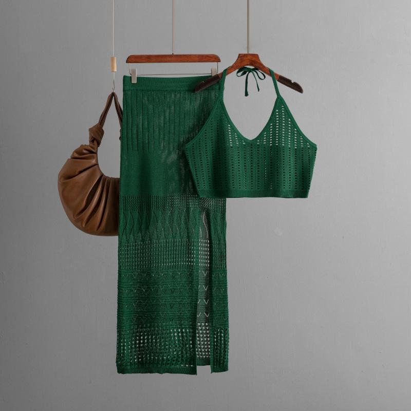 Summer Women's Short Vest Top High-waisted Thin Hollow Open-end Package Hip Half-body Skirt Two-piece Set