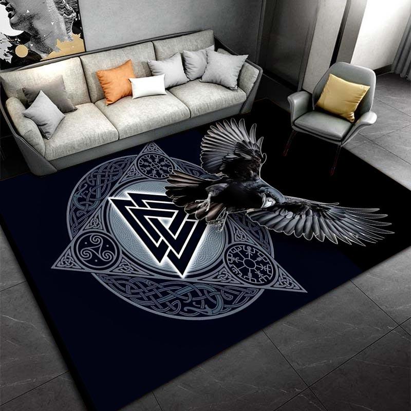 Nordic Raven Carpet with Valknut Symbol and Tribal Patterns Design Suitable for use as an anti-slip for living room bedroom sofas