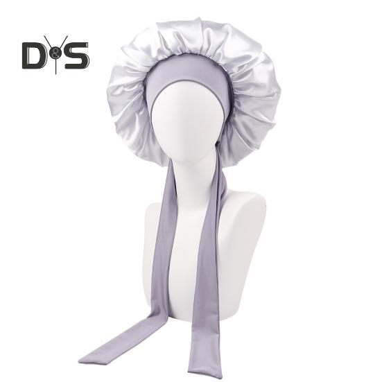 Women Shower Cap Sleeping Satin Bonnet Solid Color Adjustable Lace-up Bow Waterproof High Density Women Braids Curly Night Hat Beauty Parlor Cap