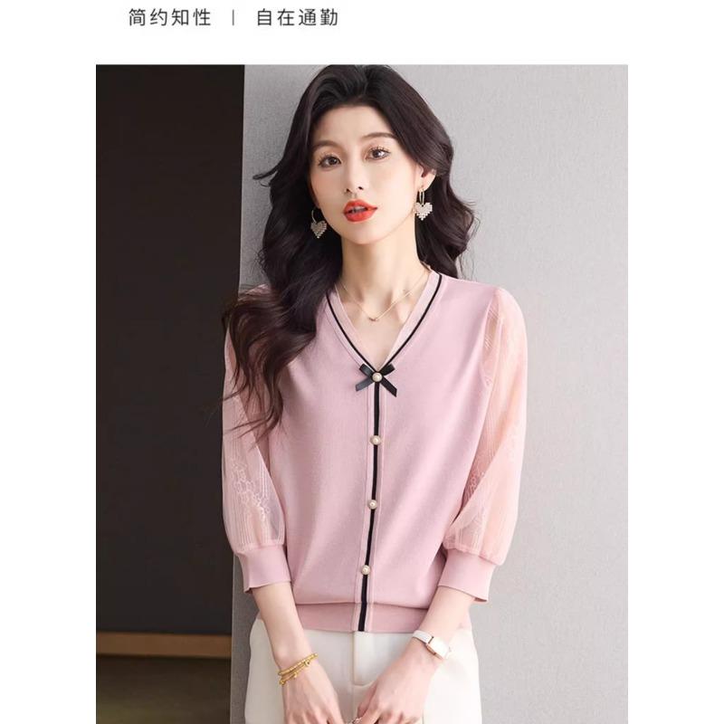 Autumn 2025 New 7-quarter Sleeve Thin V-neck T-shirt Ice Silk Spliced Yarn Sleeve Bow Knit Sweater Women's Top