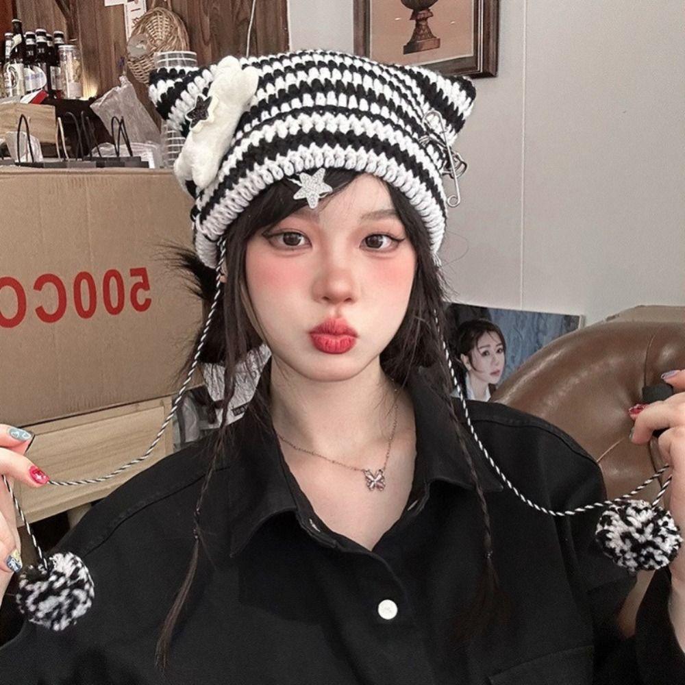 Y2K Cat's Ears Knitted Hat Harajuku Woolen Hat Cute Warm Cap Apparel Accessories