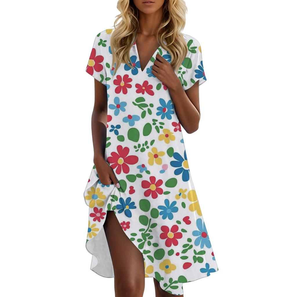 Women's Casual Fashion Stand Collar Floral Print Short Sleeve Dress