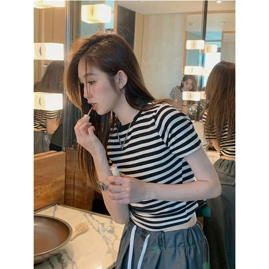 Striped Short-Sleeve French Cotton T-Shirt for Women