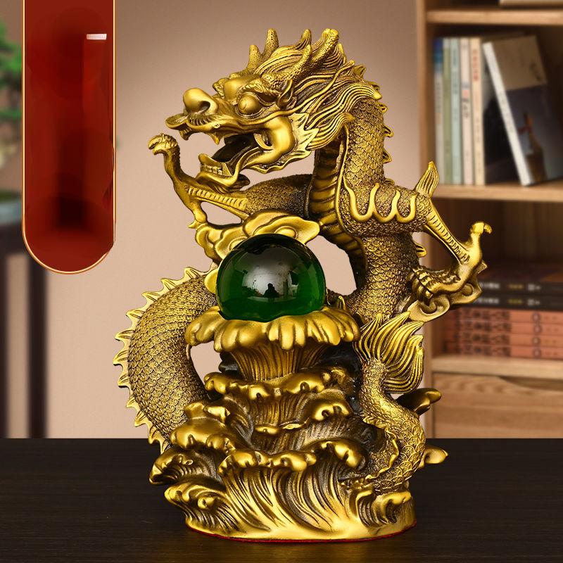 Chinese Style Fengshui Wealth Attract Brass Dragon Ornaments Auspicious Dragon Playing with Pearls Living Room Decoration