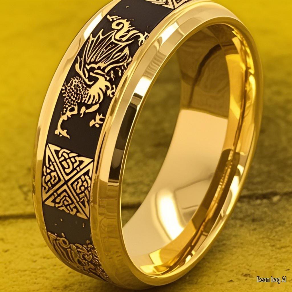 Men's Gold Celtic Dragon Stainless Steel Ring with Knot Design
