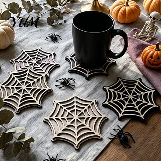 Heat Resistant Drink Coasters Halloween Spider Web Wooden Coaster, Anti-Slip Wood Cup Mat with Figurine, Thermal Insulated Table Protection