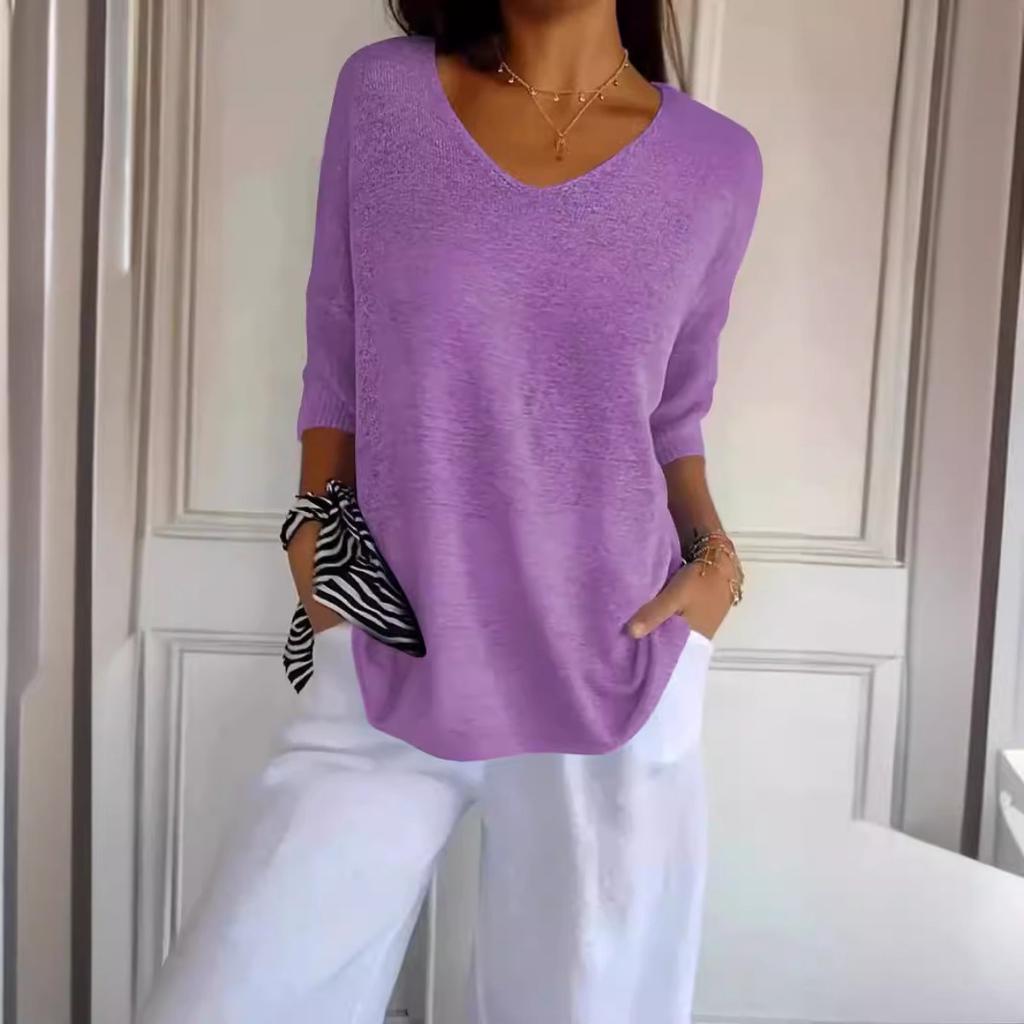 Spring Summer Women's European American Style V-neck Solid Color Lightweight Knit Top Casual Basic Knit Sweater Base Layer