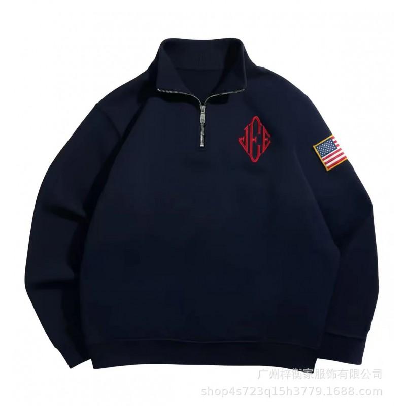 Men Women Oversized Zip Up Hoodie Stand Collar Embroidery Sweatshirt Casual Streetwear