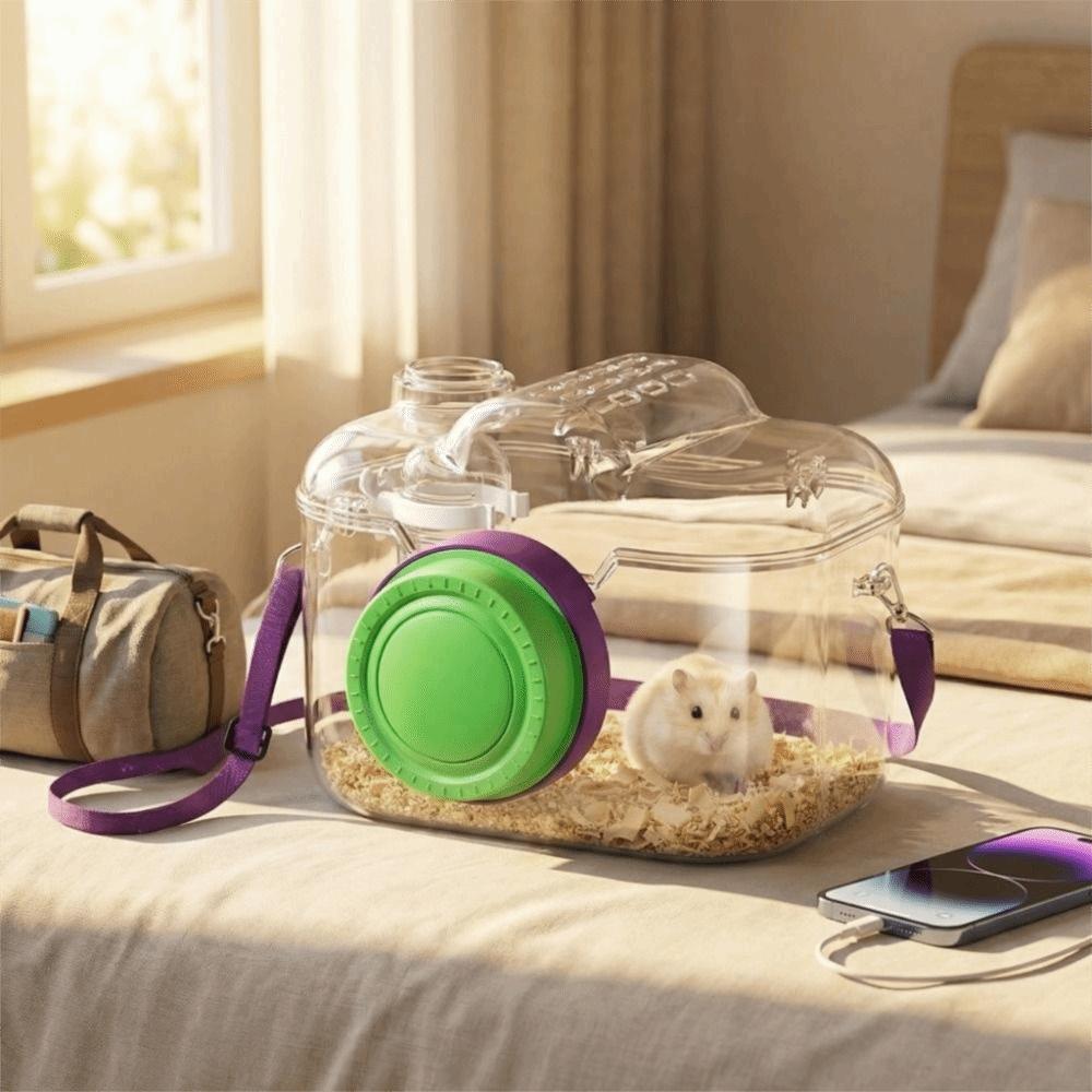 Transparent Hamster Carriers Cage with Water Bottle Food Bowl Travel Hamster Carrier Ventilated Adjustable Strap