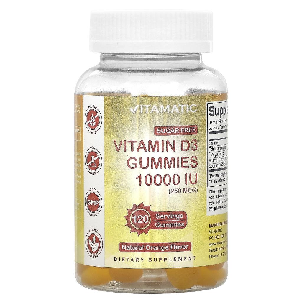 Sugar Free Vitamin D3, Natural Orange, 250Mcg (10,000Iu), 120 Gummies