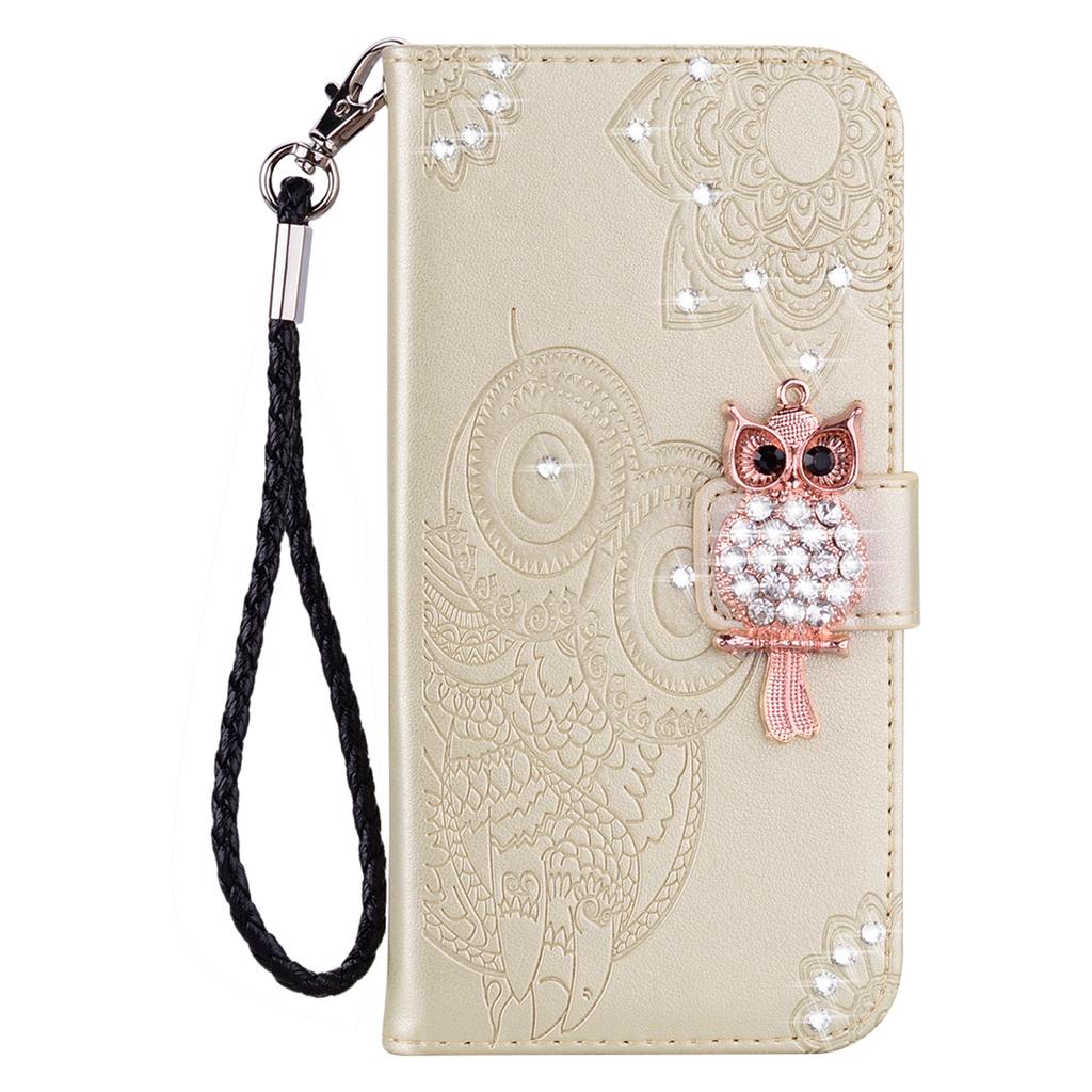 For iPhone 16e Wallet Case Owl Flower Imprinted Rhinestone Leather Cover