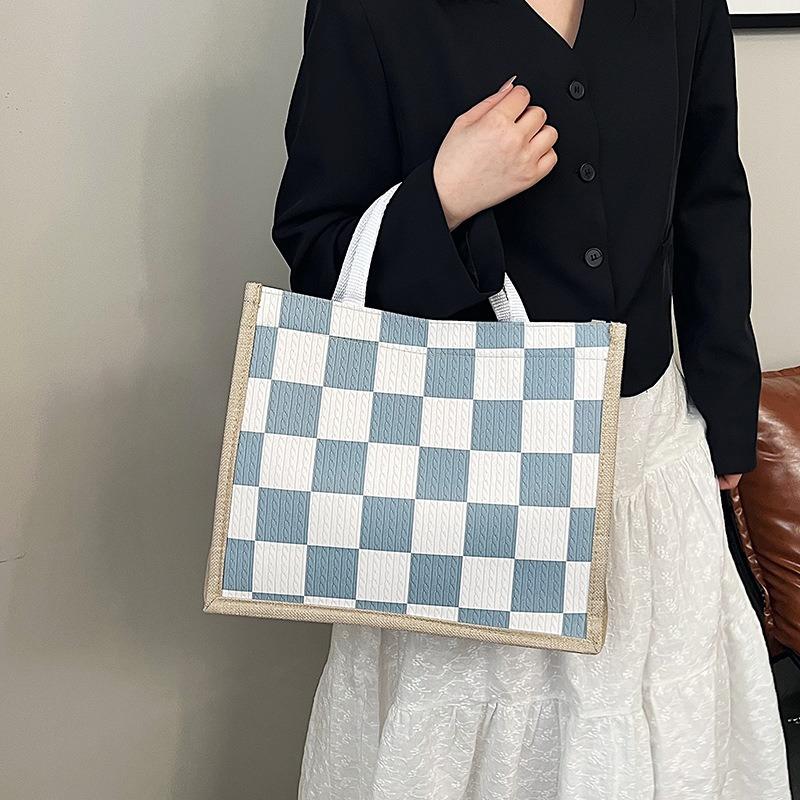 Льняная клетчатая сумка, большая вместительная клетчатая сумка для покупок, простая модная женская сумка через плечо